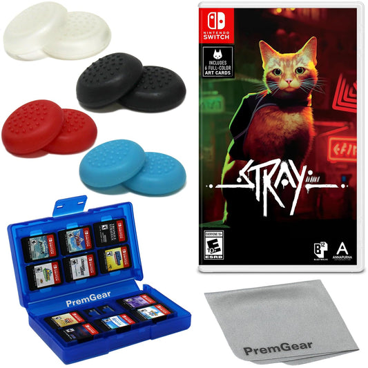 Stray for Nintendo Switch (US Version)  with PremGear Thumb Grips (8 pack - Black  Blue  Red & Clear)  24 Slot Game Card Holder & Cleaning Cloth