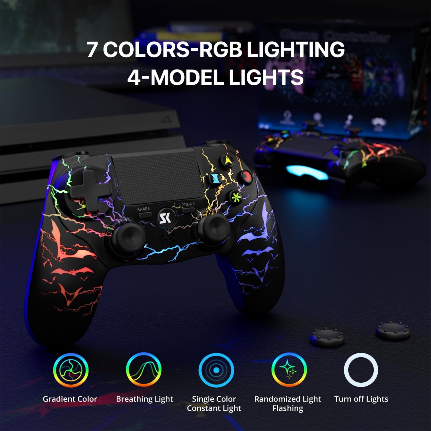 ISHAKO Wireless Controller for PS4/PC - RGB Light, 1000mAh Battery, 3.5mm Audio Jack, Black