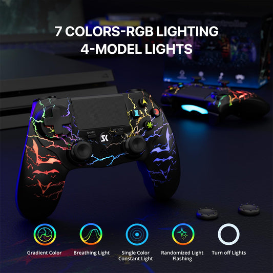 ISHAKO Wireless Controller for PS4/PC - RGB Light, 1000mAh Battery, 3.5mm Audio Jack, Black