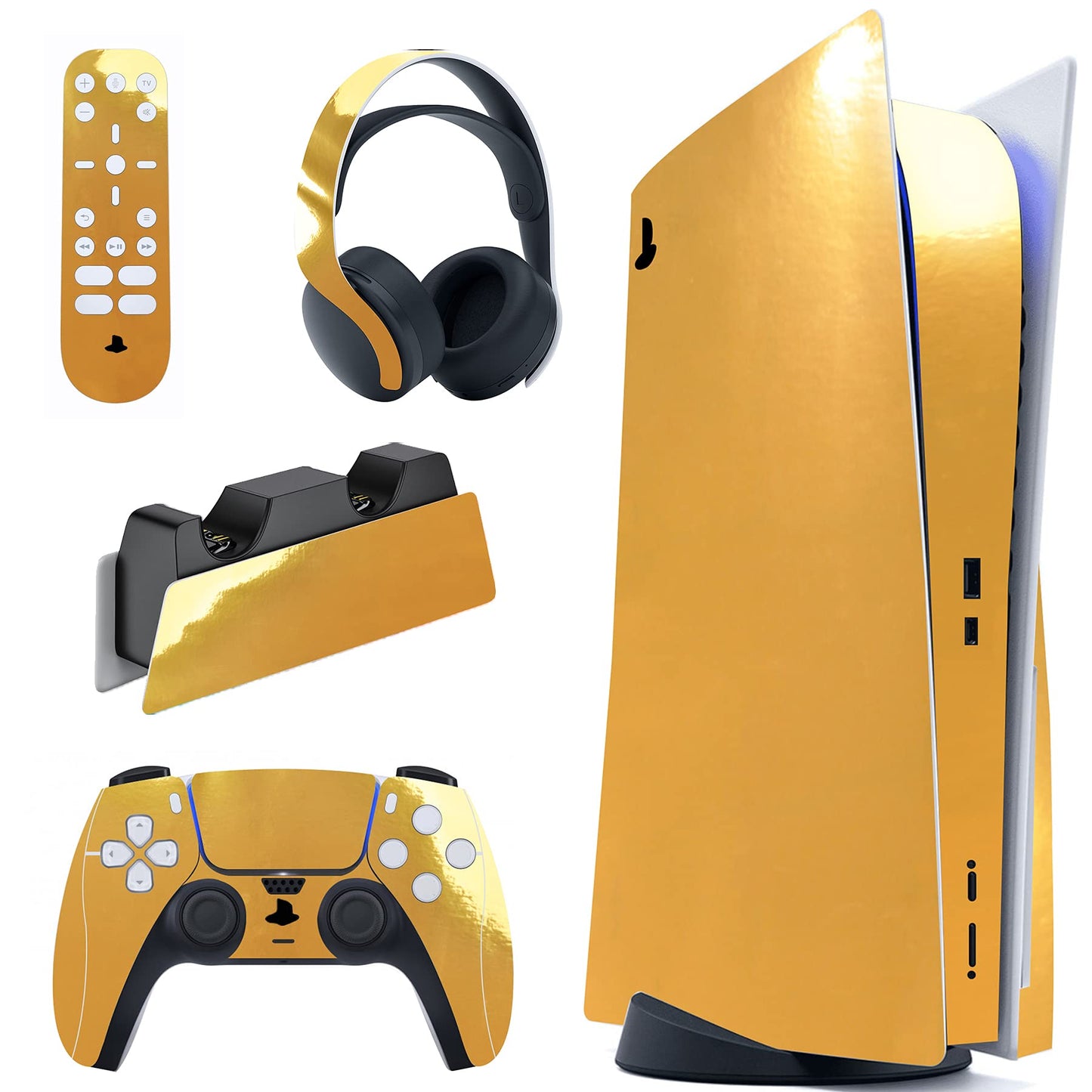 PlayVital Chrome Gold Glossy Full Set Skin Decal for ps5 Console Disc Edition  Sticker for ps5 Vinyl Decal Cover for ps5 Controller & Charging Station & Headset & Media Remote