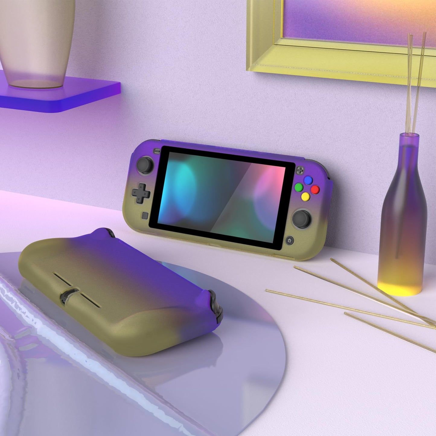 PlayVital ZealProtect Case for Nintendo Switch Lite - Ergonomic Grip, Shock-absorbent, Screen Protector, Gradient Purple Yellow
