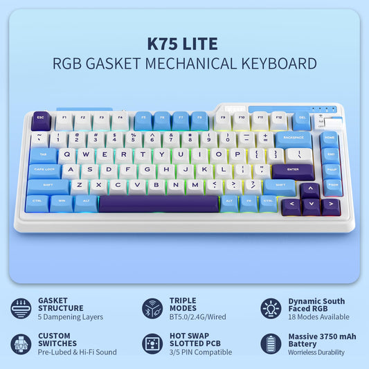 KZZI K75 Lite Wireless Mechanical Keyboard - 75% Gasket Mount, RGB, 82 Keys, BT 5.0/2.4G/USB-C, Grand Sea Blue