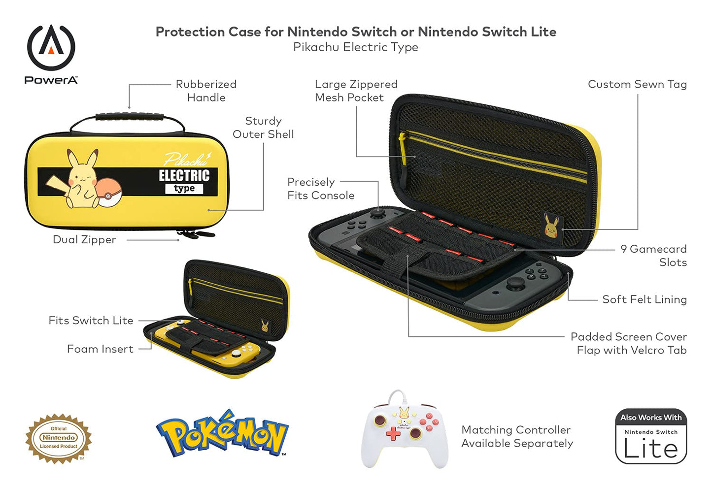 PowerA Nintendo Switch Lite Case - Pikachu Electric Type, Standard Size, Protective Design