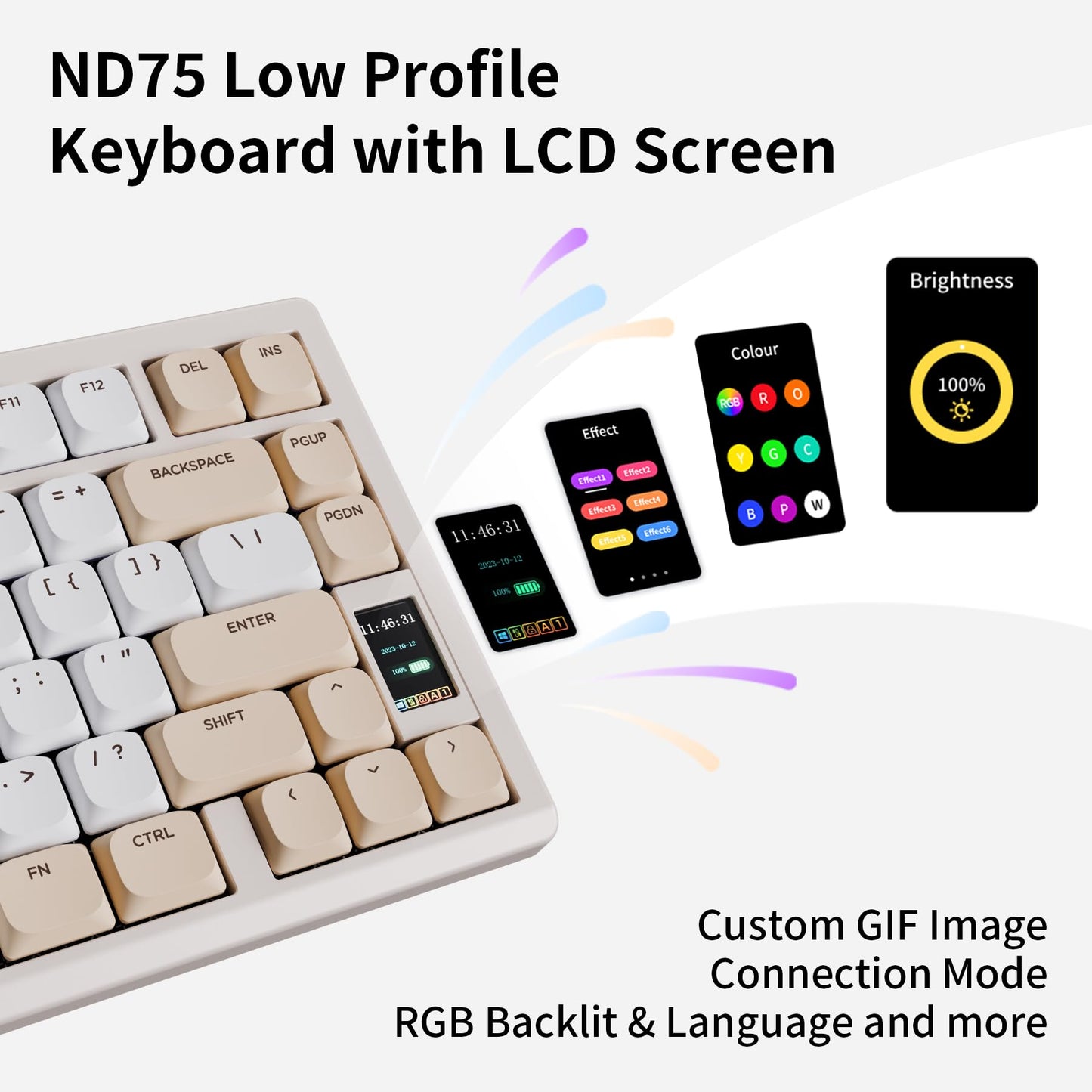 OOCTPK Mechanical Keyboard, Wireless RGB Gaming Keyboard with LCD Screen, UltraThin Design, Beige, PC/Mac Compatible