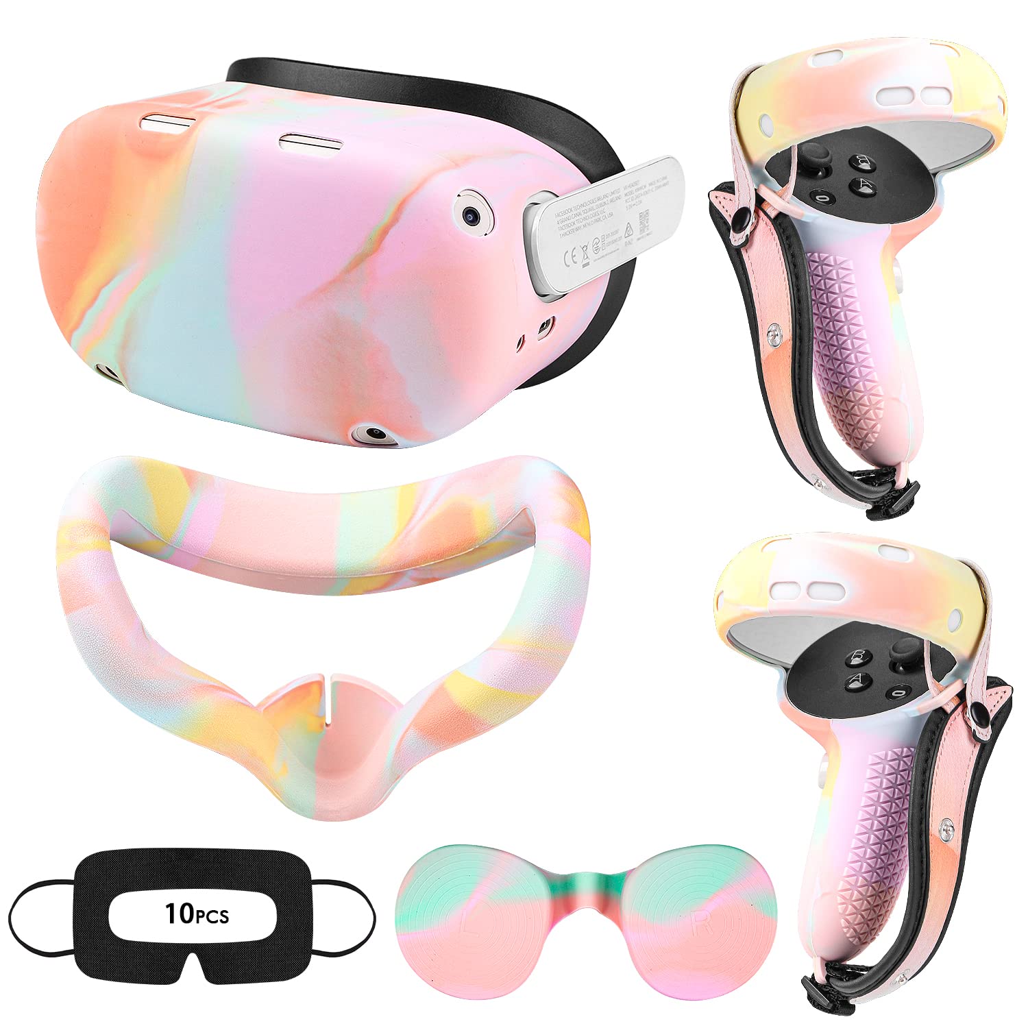 Relohas VR Accessories for Oculus Quest 2 - Silicone Set with Controller Grip, Shell, Face & Lens Covers, 10PCS Eye Covers - Macaron