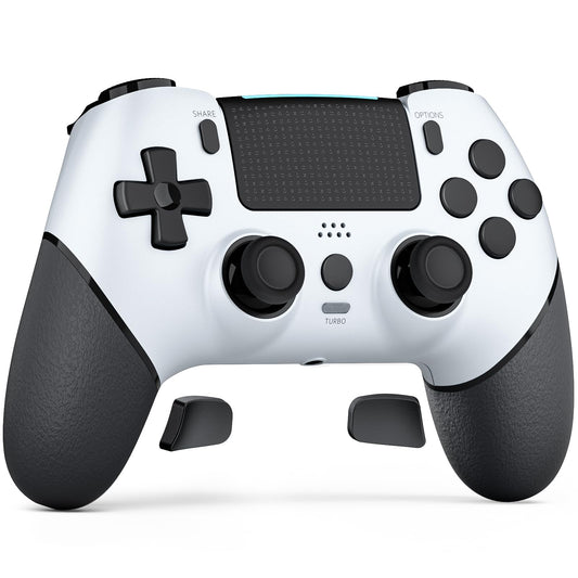 CHEREEKI Wireless Controller for PS4 with Hall Effect Joystick 2 Macro Buttons Vibration Feedback Motion Sensor 1000 mAh Battery Touchpad 3.5mm Headphone Jack White