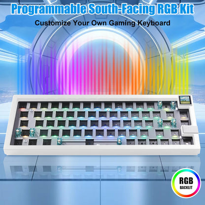 ZMX GMK67S 65% Gasket Mount Hot Swap Mechanical Keyboard - Tri-Mode BT5.0/2.4G/Type-C, White with TFT-LCD Screen