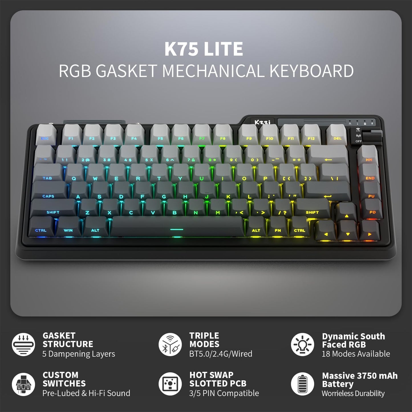 KZZI K75 Lite Wireless Mechanical Keyboard - 75% Gasket Mount, RGB, Hot Swappable, Aurora Black, 82 Keys, BT 5.0/2.4G/