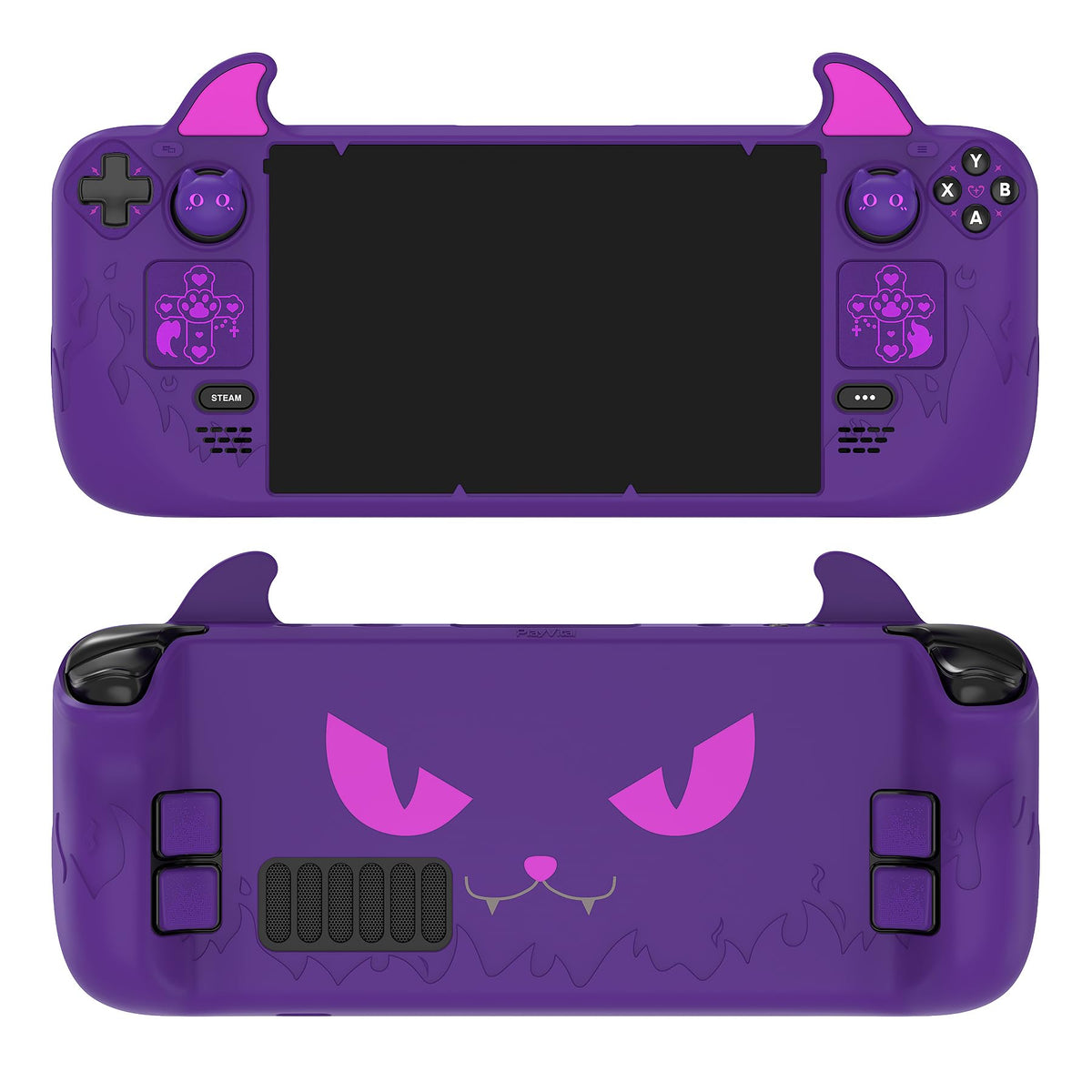 PlayVital Cute Demon Protective Case for Steam Deck LCD & OLED  Kawaii Anti-Slip Protector for Steam Deck OLED with Thumb Grip Caps & Trackpads Stickers & Back Button Enhancement Set - Purple