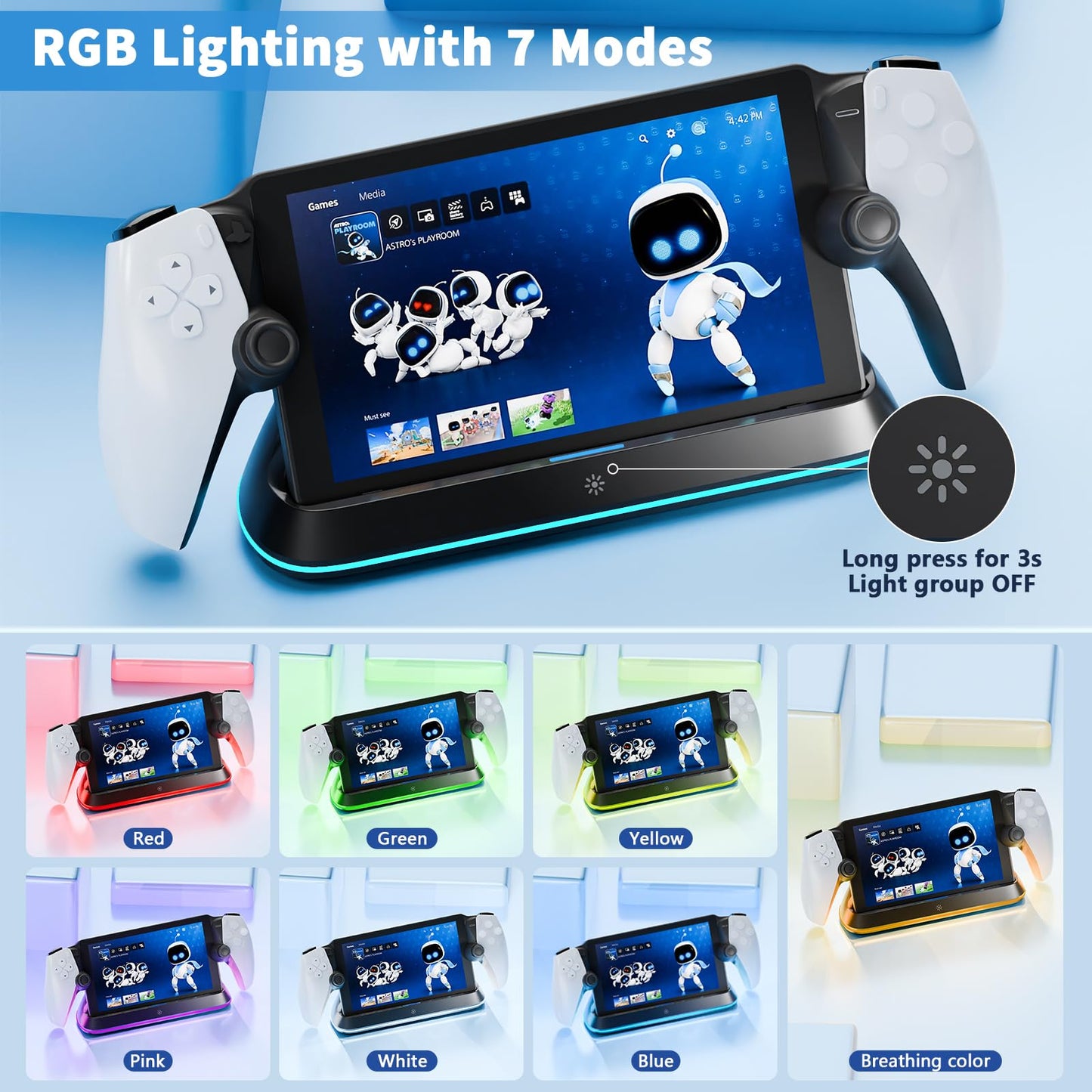 LANCUBE PS Portal Charging Stand Dock - 7 RGB Light Modes, Type-C Cable, Black, Model P3710-black