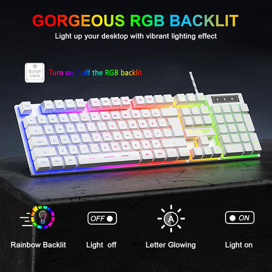 BlueFinger RGB Gaming Keyboard & Mouse Combo, USB Wired, LED Backlit, White