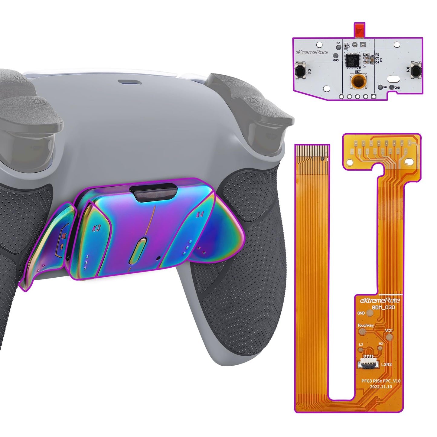 eXtremeRate Rainbow Blue Purple Real Metal Buttons RMB RISE4 Remap Kit for PS5 Controller BDM-030 040 050  Gray Rubberized Grip New Hope Gray Back Shell Upgrade Board Back Buttons for PS5 Controller