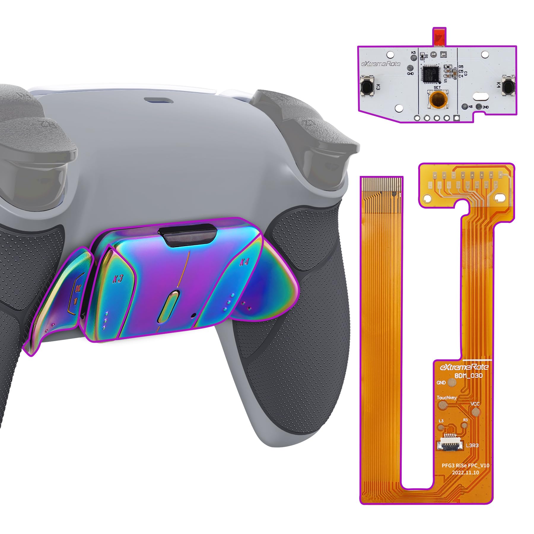 eXtremeRate Rainbow Blue Purple Real Metal Buttons RMB RISE4 Remap Kit for PS5 Controller BDM-030 040 050  Gray Rubberized Grip New Hope Gray Back Shell Upgrade Board Back Buttons for PS5 Controller