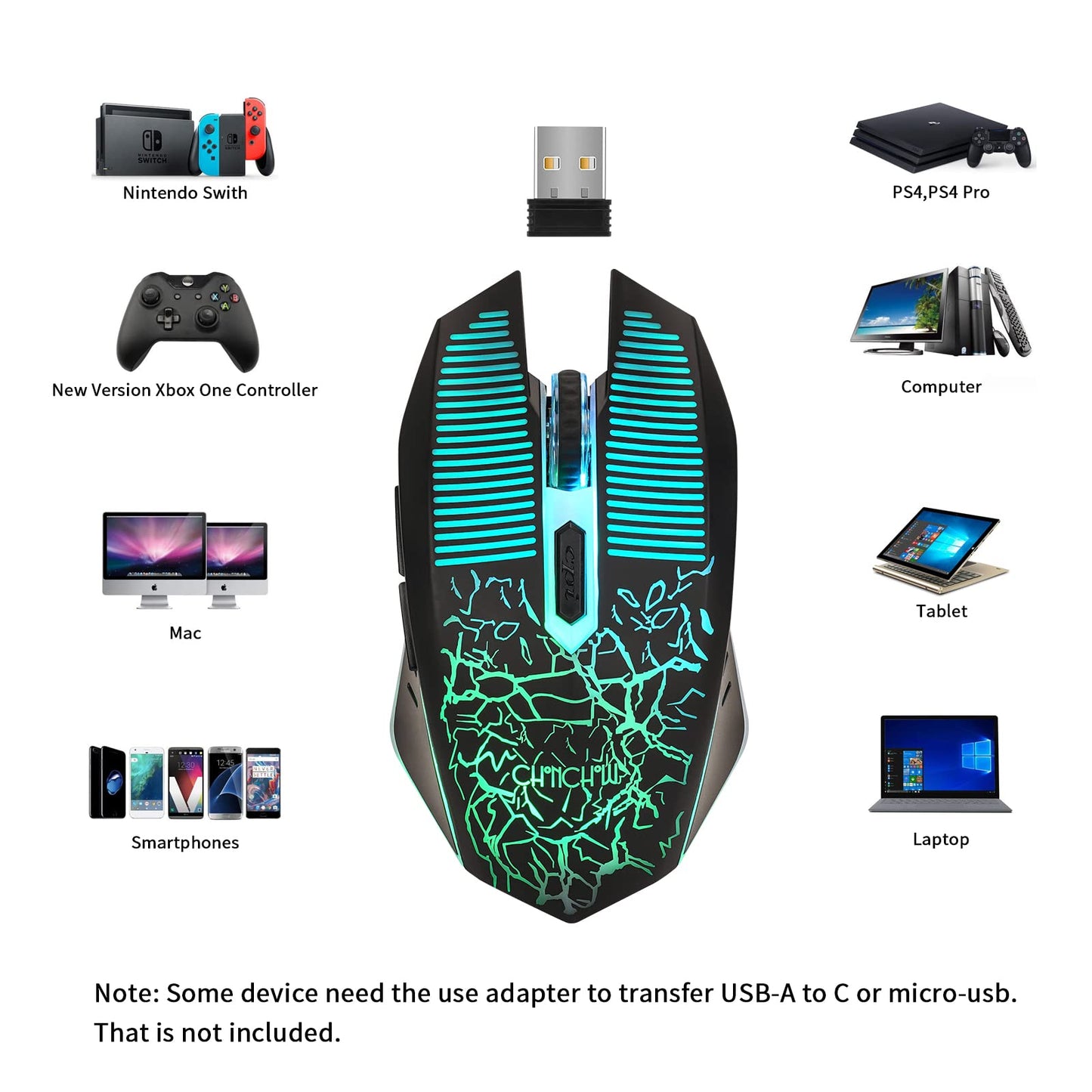 CHONCHOW Wireless Gaming Mouse 3600 DPI Rechargeable LED Backlit USB Receiver - Black, Model US-WG43, Compatible with PC, Mac, PS4, Xbox