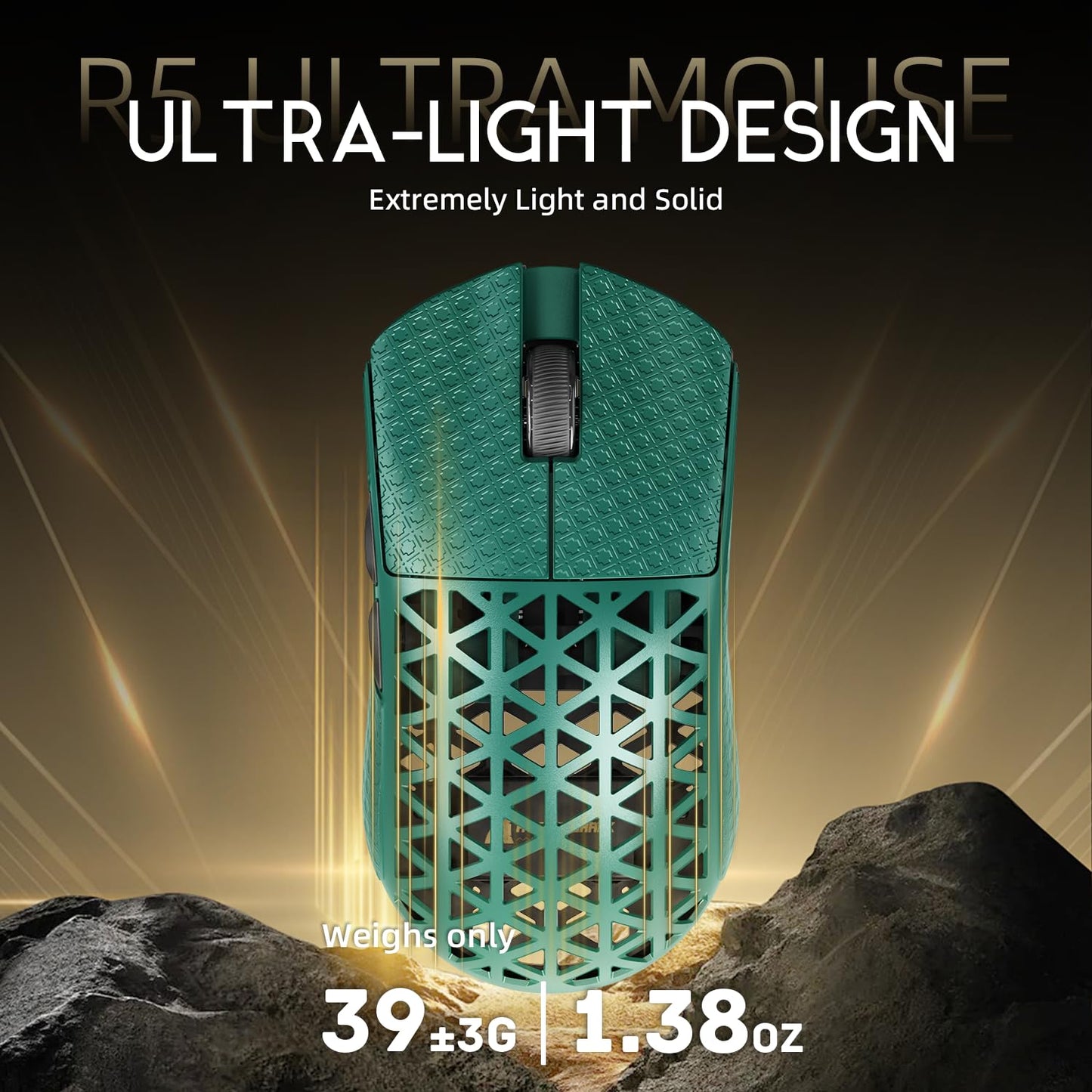 ATTACK SHARK R5 Ultra Wireless Gaming Mouse - 39g Superlight, 42K DPI, Carbon Fiber Shell, Green&Griptape, BT/2.4G/USB-C