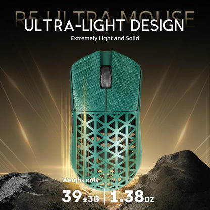 ATTACK SHARK R5 Ultra Wireless Gaming Mouse - 39g Superlight, 42K DPI, Carbon Fiber Shell, Green&Griptape, BT/2.4G/USB-C