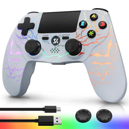 Kujian Wireless Controller for PS4 with RGB  Gaming Remote for PS4 with1000mAh Battery/Dual Shock/6-Axis Gyro/3.5mm Audio Jack/Speaker  Gaming Controller for Playstation 4/PS3(White)
