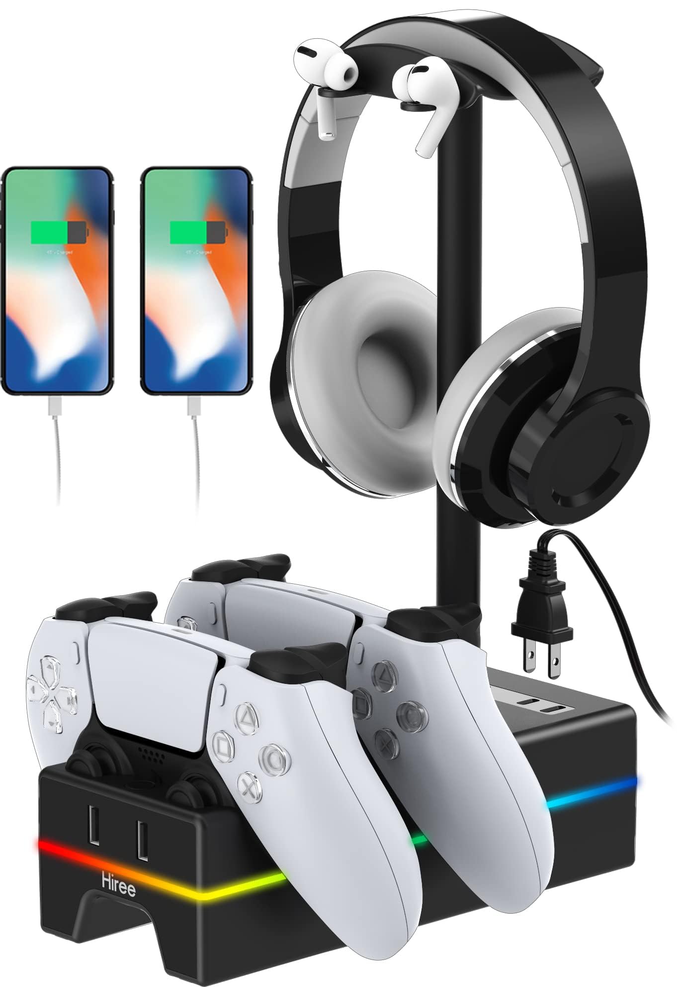 PS5 Controller Charger with USB Charging Port and AC Outlet  RGB DualSense Charging Station Dock for Playstation 5 Controllers with Headphone Stand  PS5 Accessories