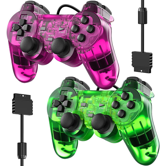 Zeion Wired Controller for PS2 Double Shock - 2 Pack Gamepad, Clear Purple & Clear Green