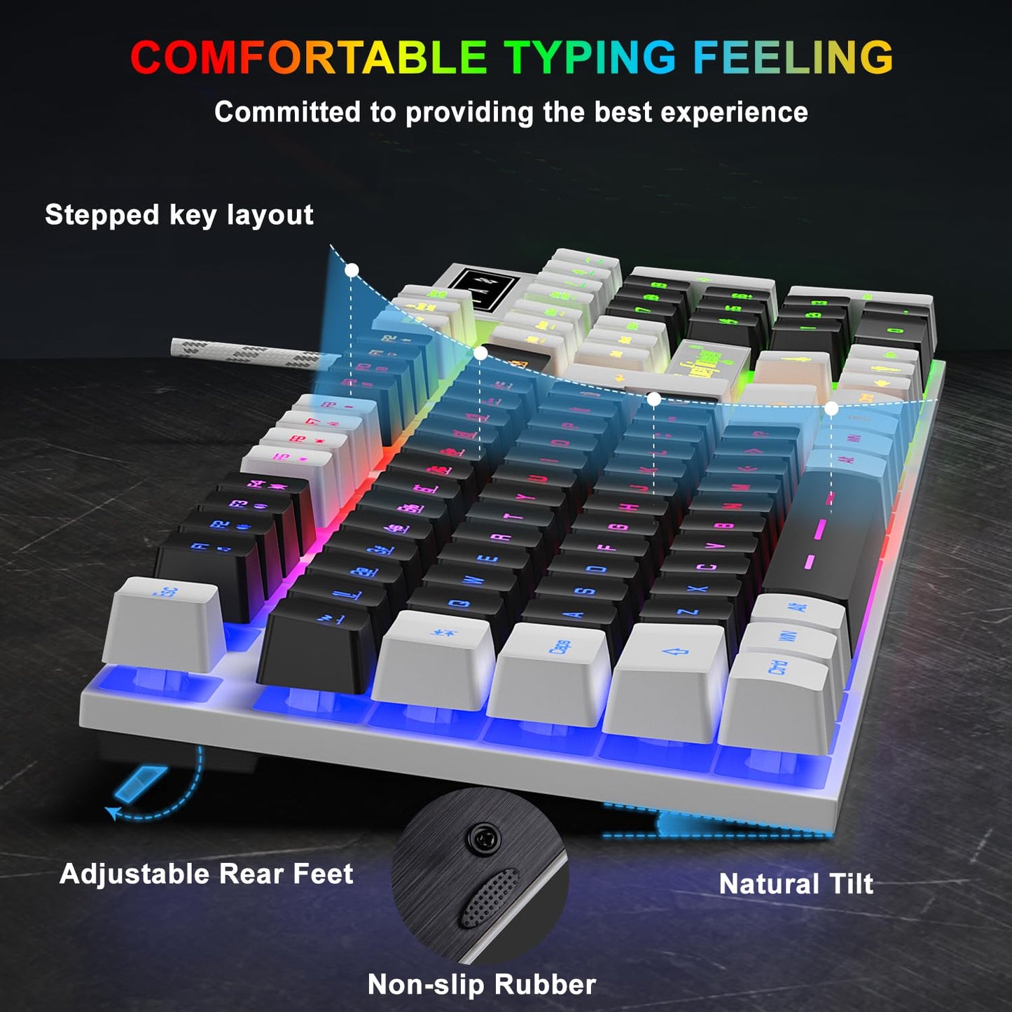 BlueFinger RGB Gaming Keyboard & Backlit Mouse Combo, USB Wired LED Set, White & Black