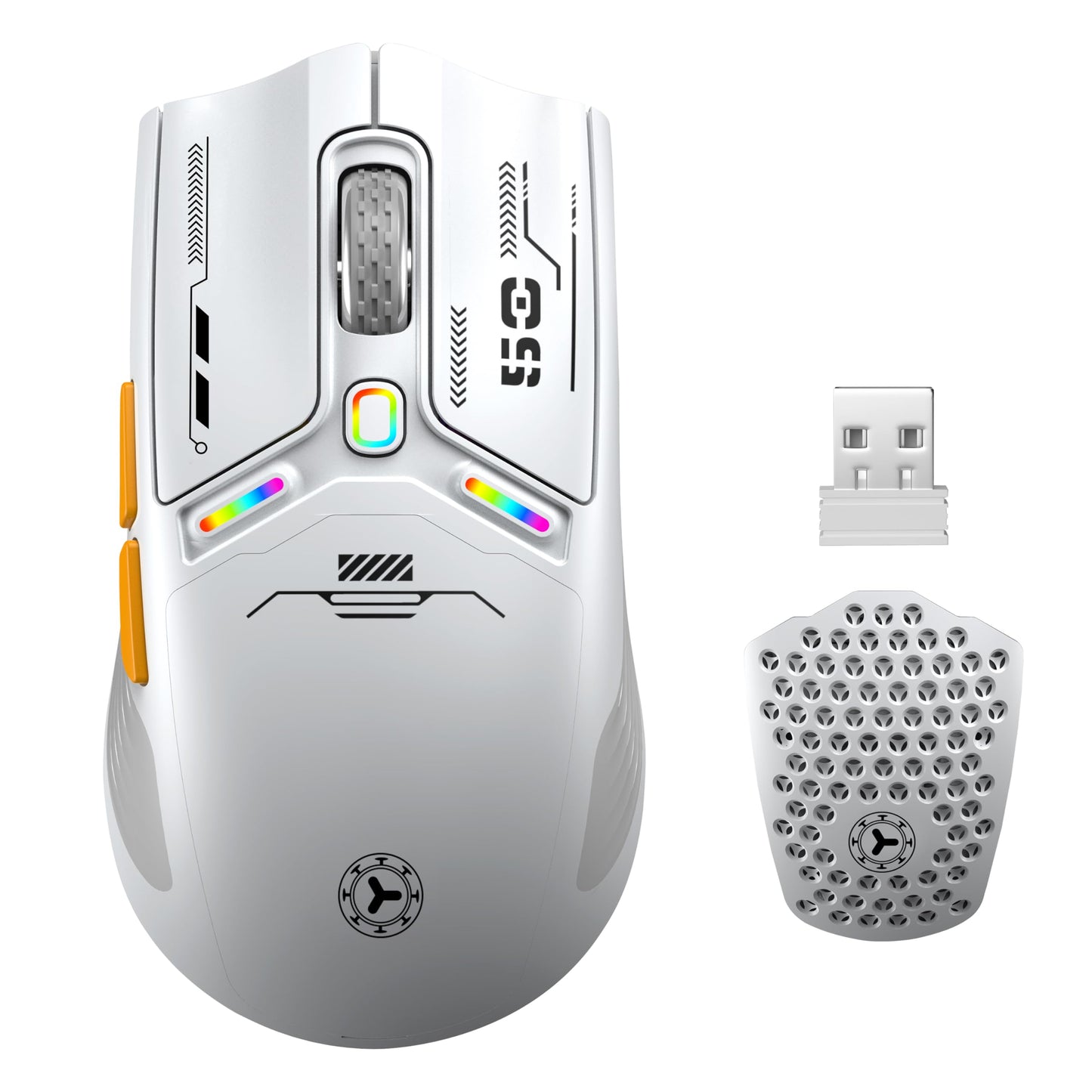 TENMOS M530 Wireless Gaming Mouse - 12000 DPI, RGB, 6 Programmable Buttons, Bluetooth/USB-C, Rechargeable, White