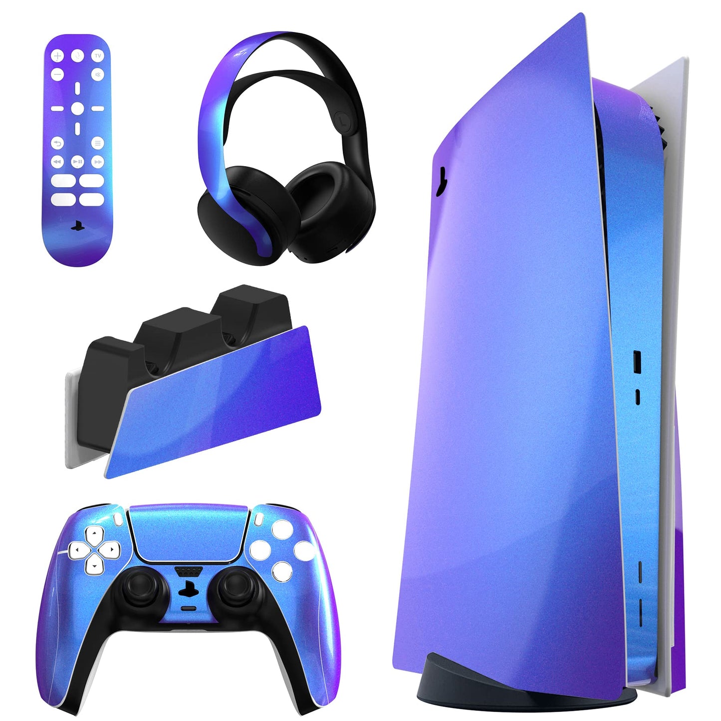 PlayVital Chrome Purple Blue Glossy Full Set Skin Decal for ps5 Console Disc Edition  Sticker for ps5 Vinyl Decal Cover for ps5 Controller & Charging Station & Headset & Media Remote