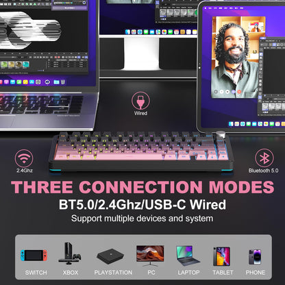 CC MALL M75 Mechanical Keyboard - 75% Gasket, Hot Swappable, RGB, PBT Keycaps, Black and Pink