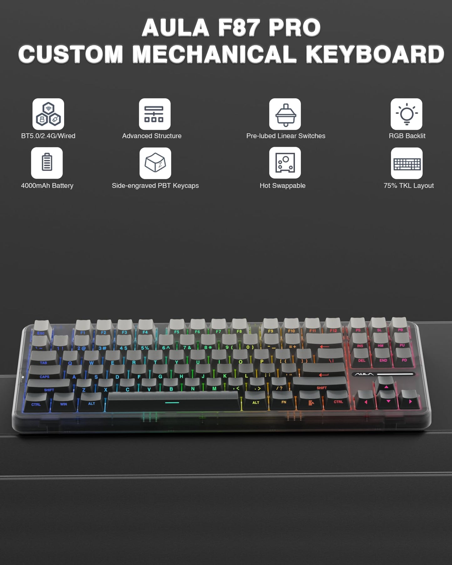 AULA F87 Pro Wireless Mechanical Keyboard - Tri-Mode BT5.0/2.4GHz/USB-C, Hot Swappable, RGB Backlit, Black, 75% TKL Design
