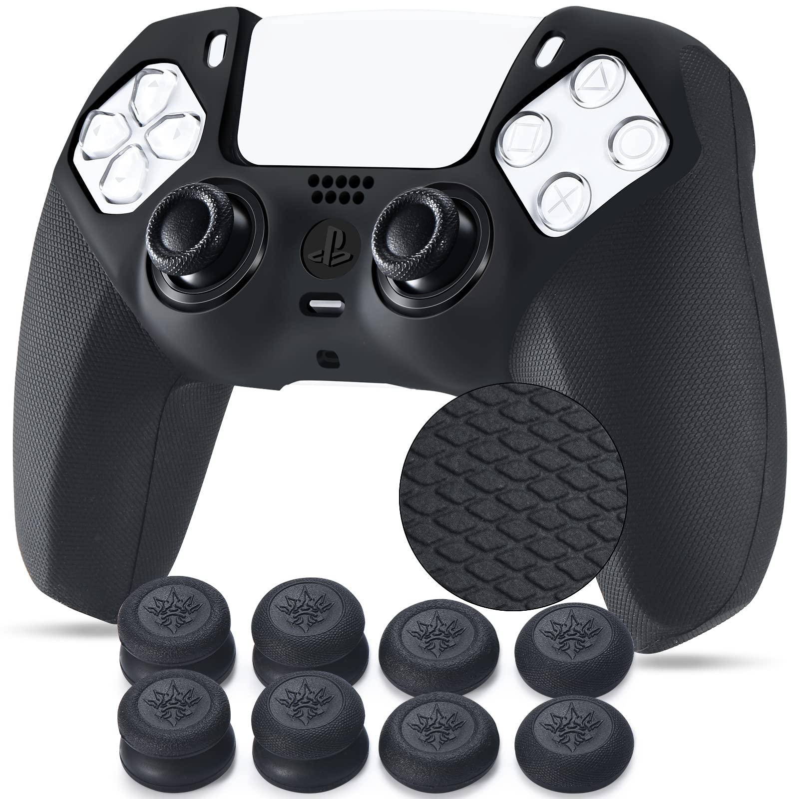 YoRHa Grip Texture Silicone Cover Skin Case for PS5 Controller x 1(Black) with Pro Thumb Grips x 8
