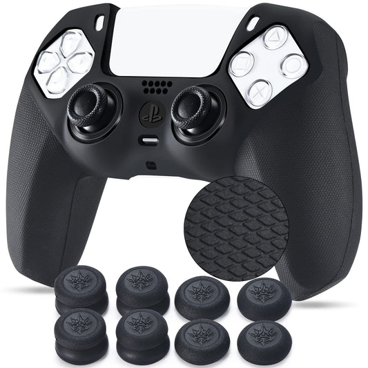 YoRHa Grip Texture Silicone Cover Skin Case for PS5 Controller x 1(Black) with Pro Thumb Grips x 8
