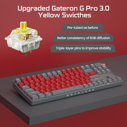 ROYALAXE R87 Wireless Mechanical Keyboard - Hot Swappable, RGB, 88 Keys, G Pro 3.0 Yellow Switch, Night Crimson