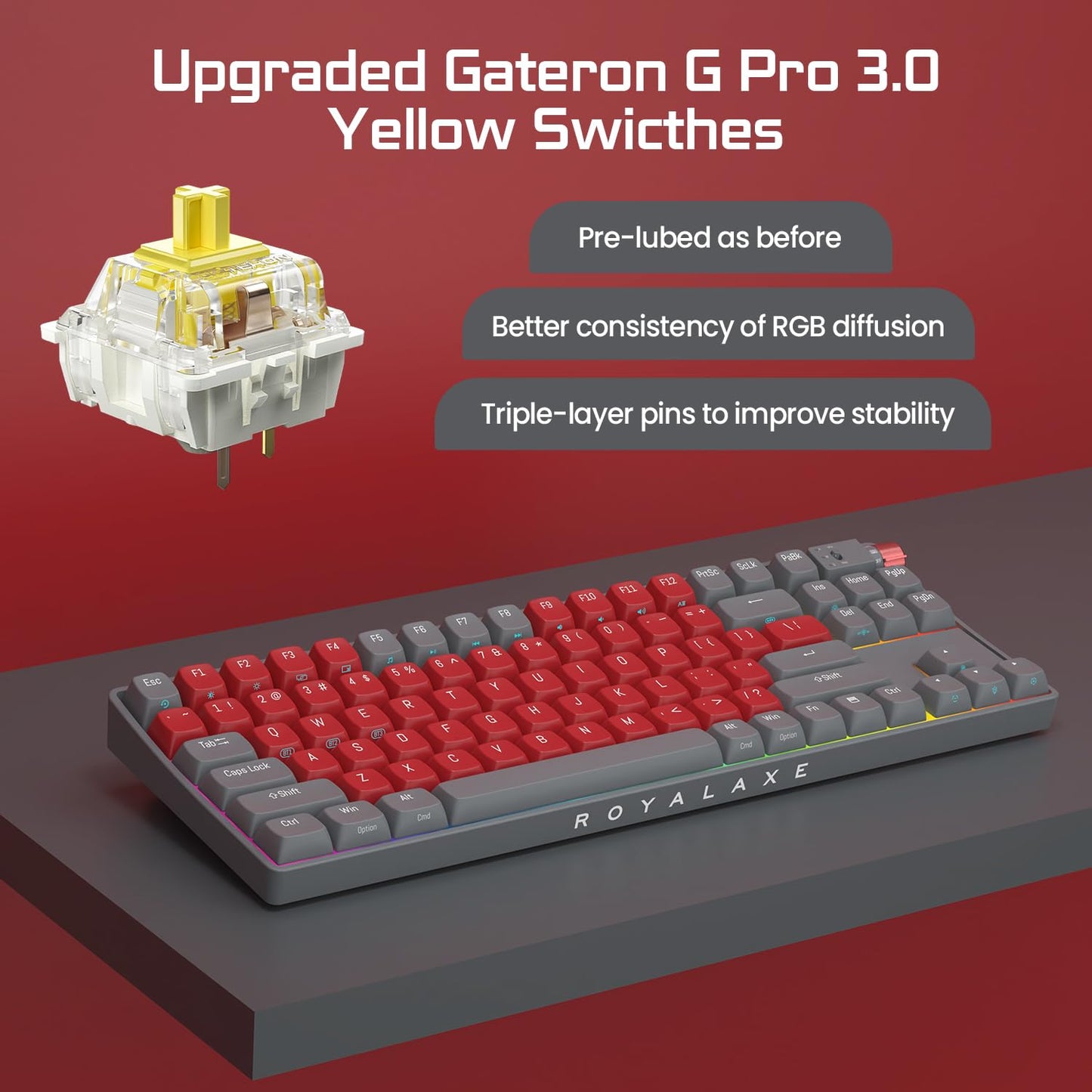 ROYALAXE R87 Wireless Mechanical Keyboard - Hot Swappable, RGB, 88 Keys, G Pro Yellow Switch, Whale Blue for Windows & Mac