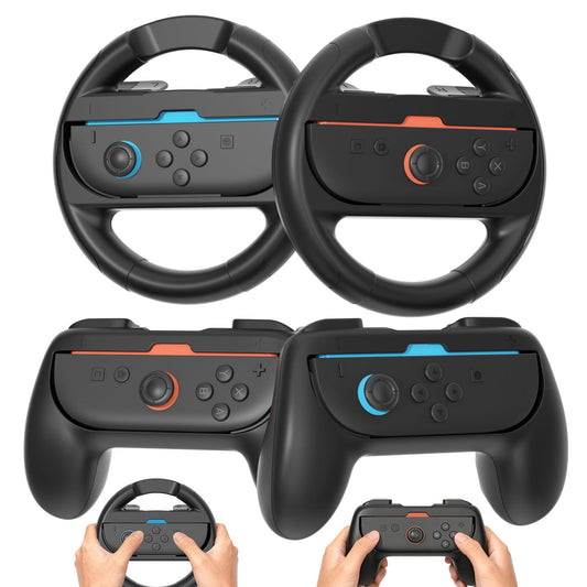 Switch 2 Grip Set (2 Joycon Grips + 2 Steering Wheels + 4 Thumb Caps) Ergonomic & Anti-Slip Controller Holder for Nintendo Switch 2   Hand Grip Accessories for Switch 2/1/OLED  Family Pack for Mario Kart Games