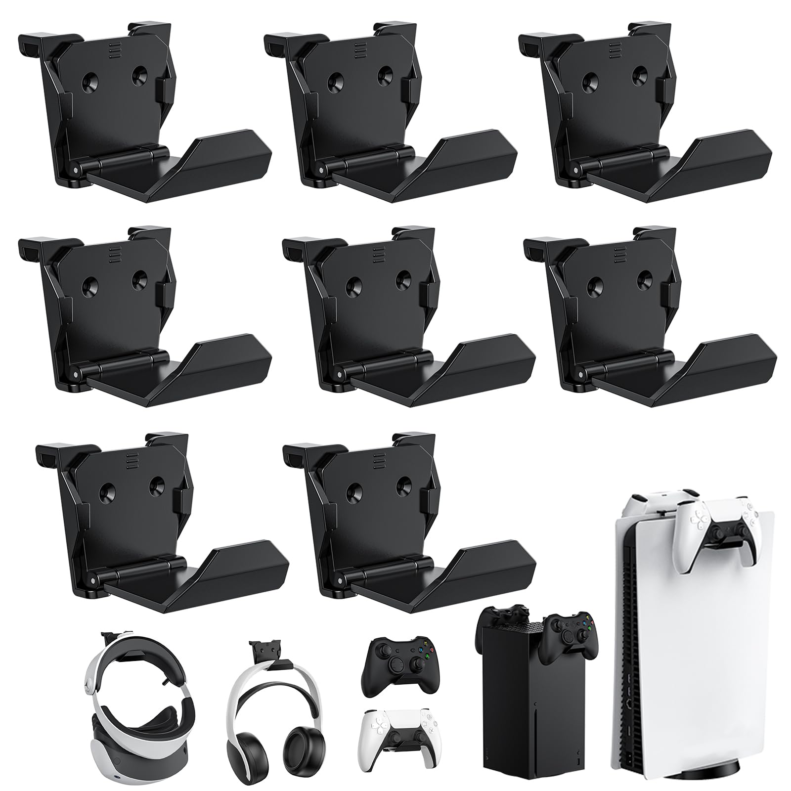 KUNSLUCK 8 Pack Controller Wall Mount for PS5  Xbox  Switch Controller Wall Mount Stand for Controller&Headset  Adhesive/Screws Installation (Black)