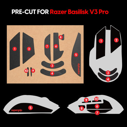 Pulsar Gaming Gears SUPERGRIP Griptape Set for Razer Basilisk v3 Pro - Anti-Slip, Sweat Absorbing, Ultra-Thin, Black with Silver Accents