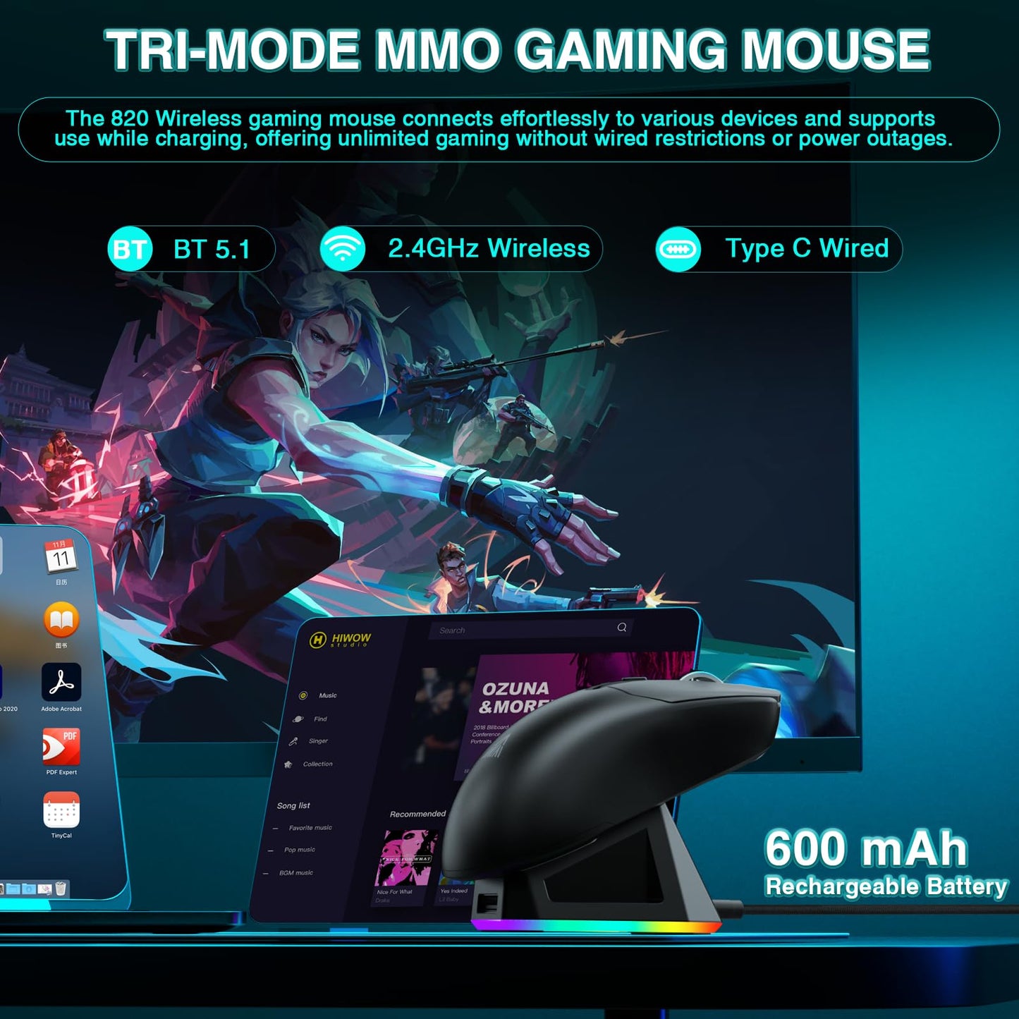 SOLAKAKA SM820 Wireless Gaming Mouse - 24000 DPI, RGB Charging Dock, 2 Side Buttons, Black