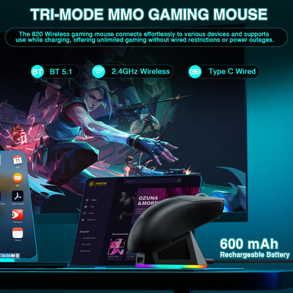SOLAKAKA SM820 Wireless Gaming Mouse - 24000 DPI, RGB Charging Dock, 2 Side Buttons, Black