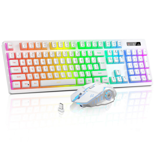 Mengzili Wireless Gaming Keyboard and Mouse Combo - RGB Backlit, Rechargeable, Ergonomic, White