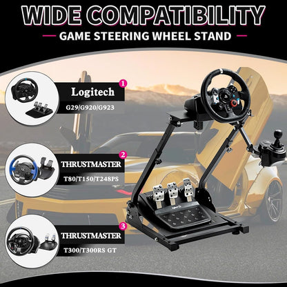 Minneer Foldable Racing Wheel Stand for Logitech/Thrustmaster/Fanatec - 1H Size, Black - Compatible with G29/G920/G923/G27/G25/T80/T