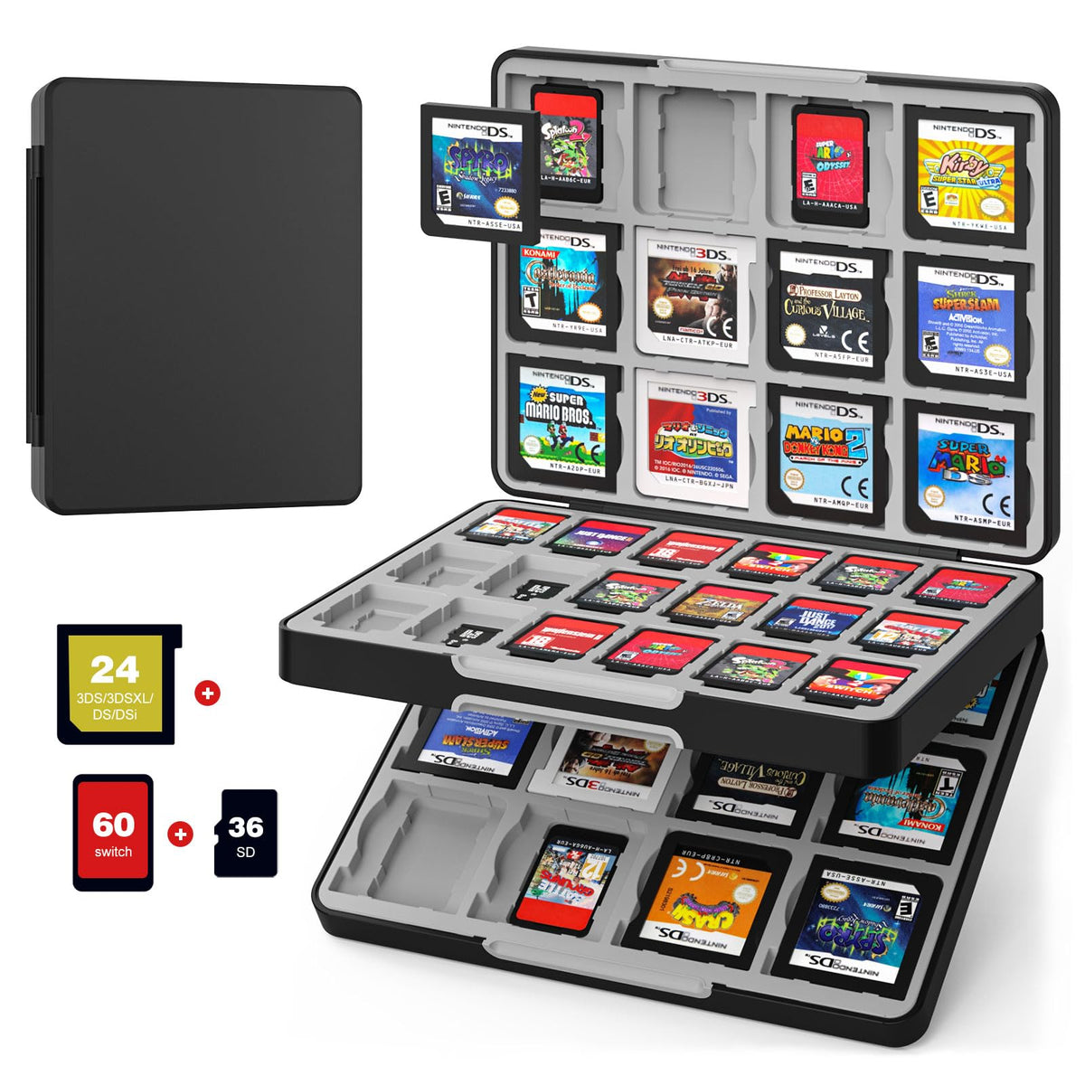 MoKo 60 sections Game Card Case for Nintendo Switch/Switch OLED/3DS/2DS  Portable 3DS Game Case  24 sections for 3DSXL/DS/DSi Cards & 36 sections for SD Cards w/ Magnetic Closure  Black