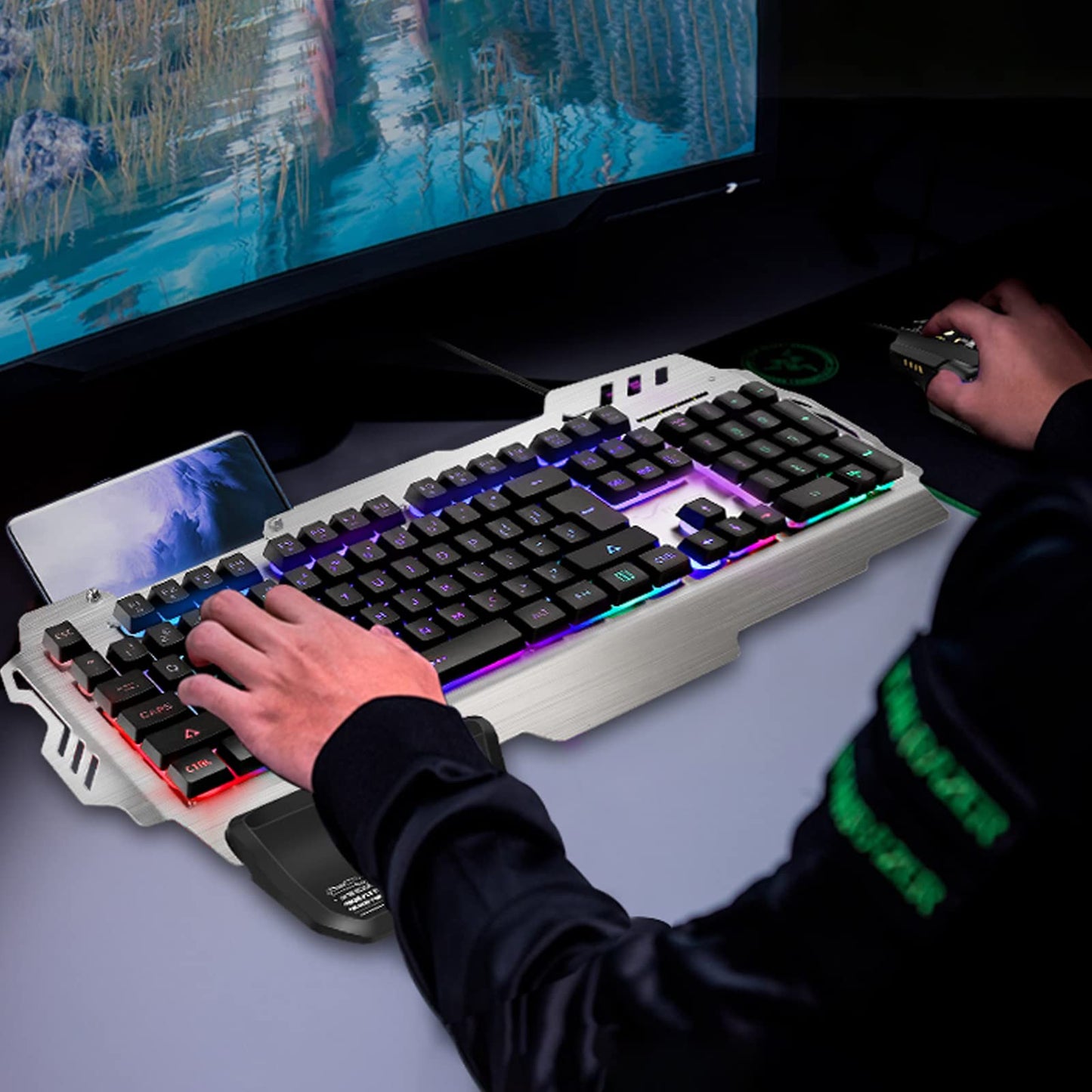 FENIFOX Gaming Keyboard and Mouse Set, Full Size Wired RGB Mechanical, Aluminum Alloy, Rainbow Color, Model GK001FGVJK