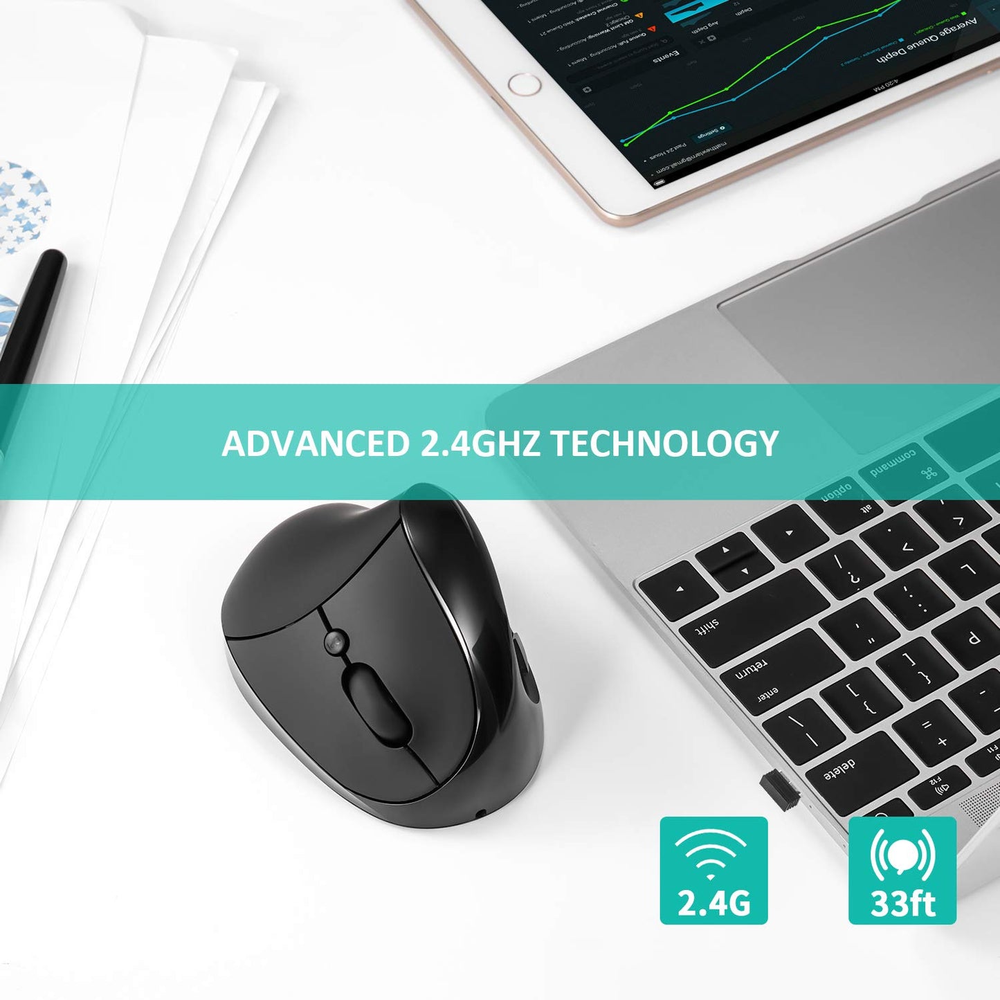 AURTEC S8 Vertical Mouse - Rechargeable 2.4G Wireless Ergonomic Mice, 6 Buttons, 3 Adjustable DPI, Black