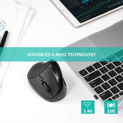 AURTEC S8 Vertical Mouse - Rechargeable 2.4G Wireless Ergonomic Mice, 6 Buttons, 3 Adjustable DPI, Black