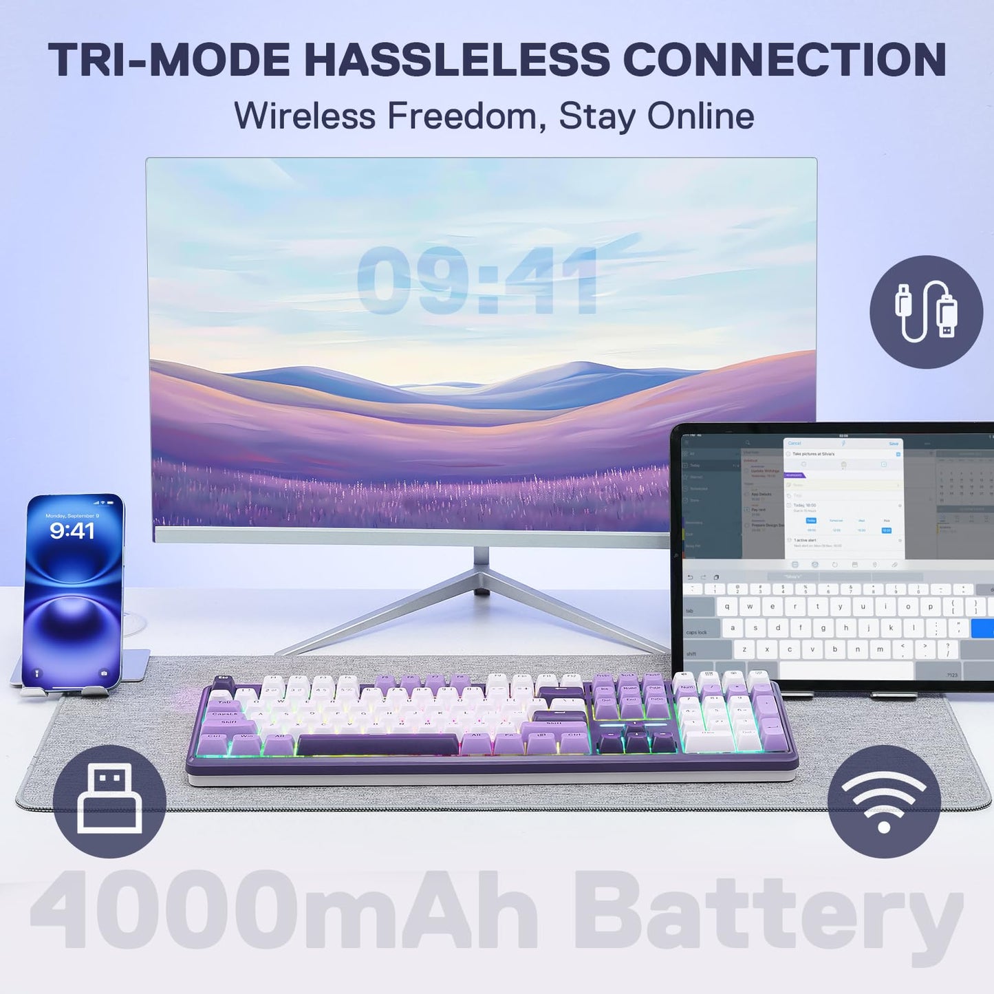 Redragon K745 PRO Wireless RGB Mechanical Gaming Keyboard, 108 Keys, Mint Mambo Switch, Charming Purple, Hot-Swap, Noise Dampening