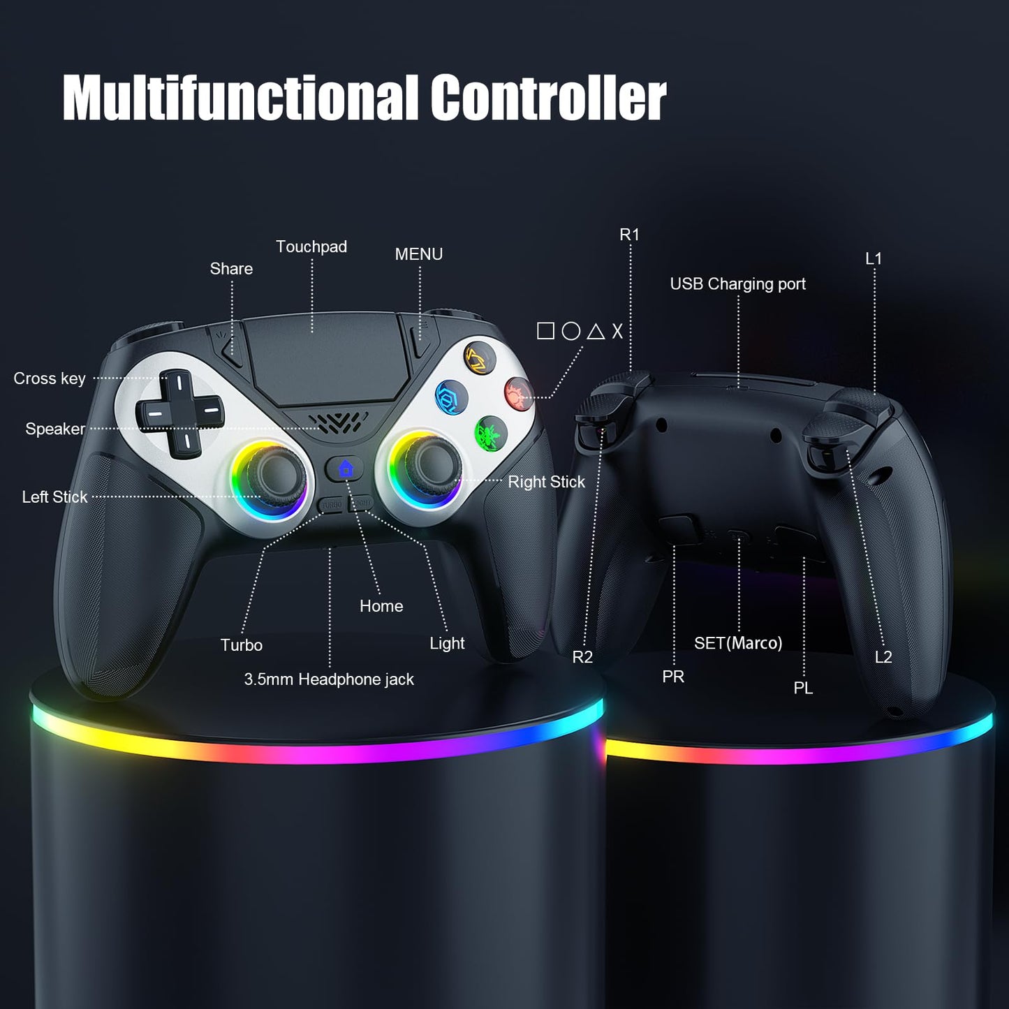 Gamrombo LED Wireless Controller for PS5 - Dual Vibration, 3.5mm Audio Jack, 6-Axis Motion, Black