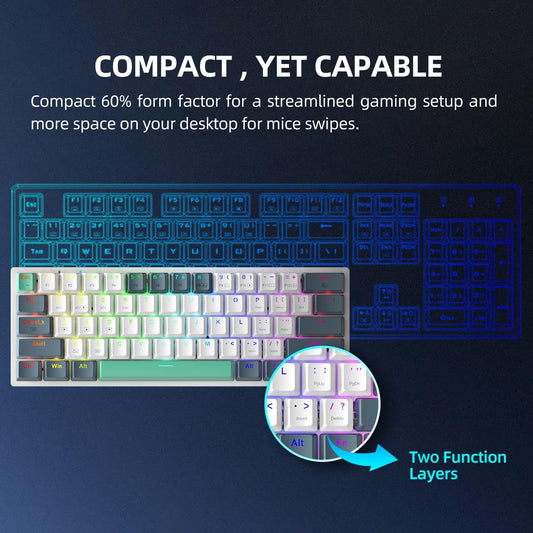 Machenike K500A-B61W Wireless Mechanical Gaming Keyboard, 61 Keys, Hot Swappable Red Switch, RGB Backlit, White