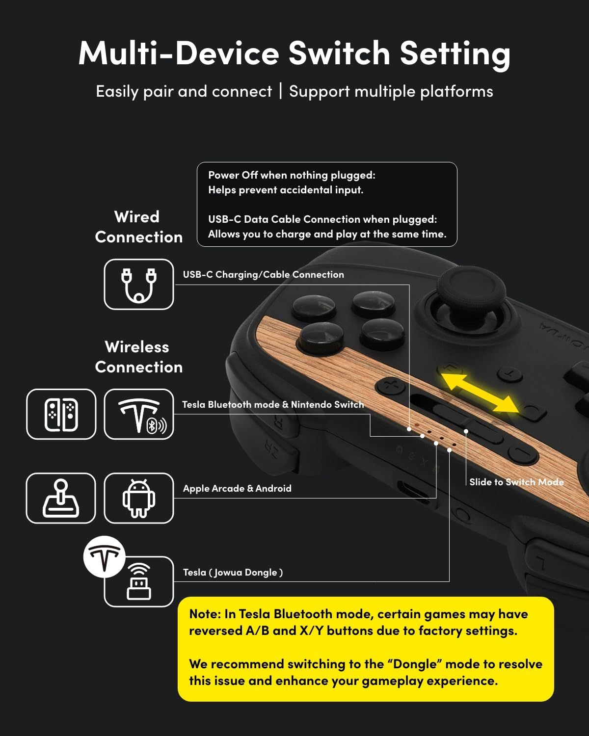 Jowua Multi-Device Wireless Controller for Tesla 2025 Model Y/3/S/X - Black, Compatible with Switch, Special Programmed, Wireless Charging
