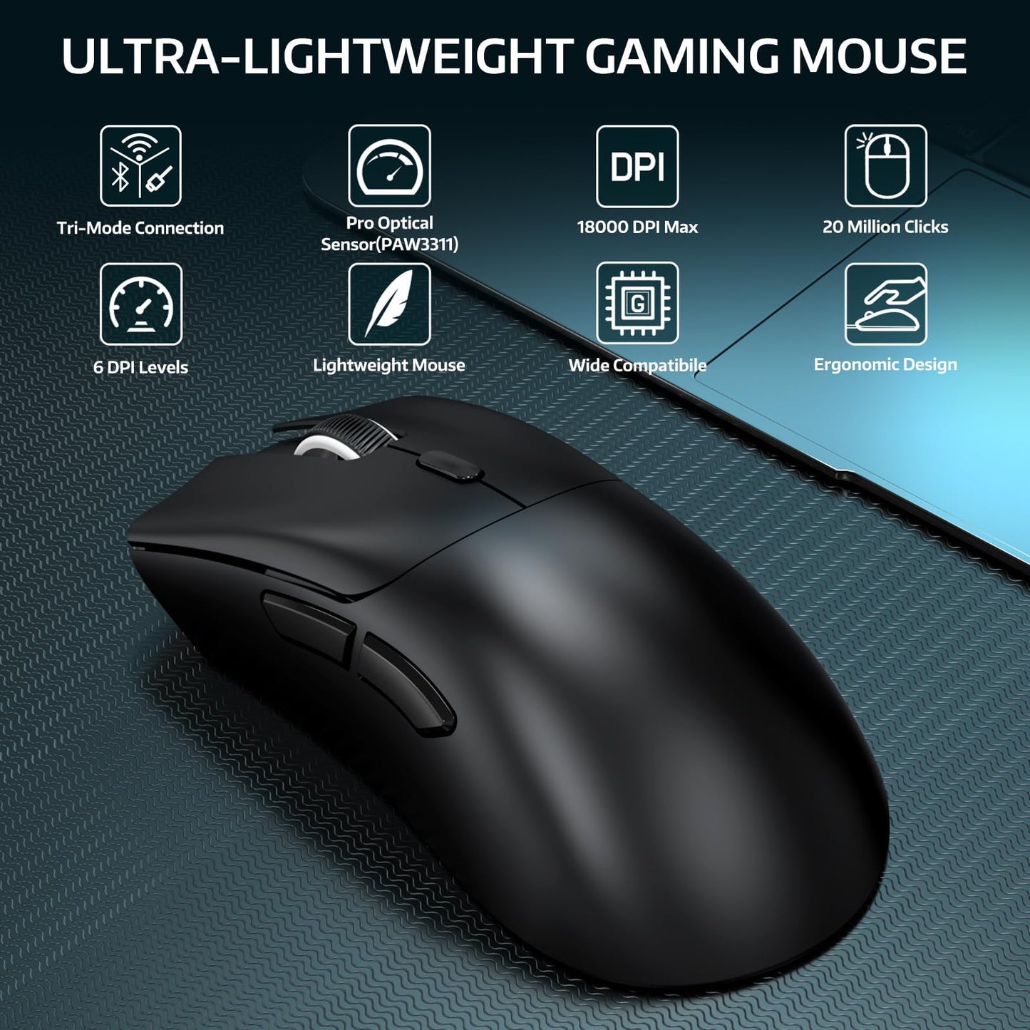 ATTACK SHARK R1 Wireless Gaming Mouse - Tri-Mode Connection, 18K DPI, 55g Lightweight, Ergonomic Design, Black