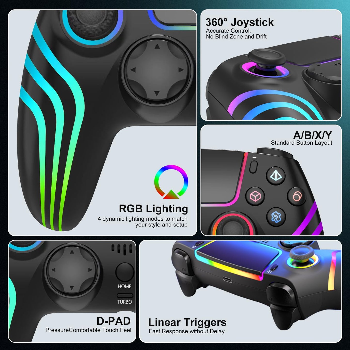 MINSWC Wireless PS5 Controller with RGB Lighting - Compatible with PS5, Windows PC, Android/iOS - Black