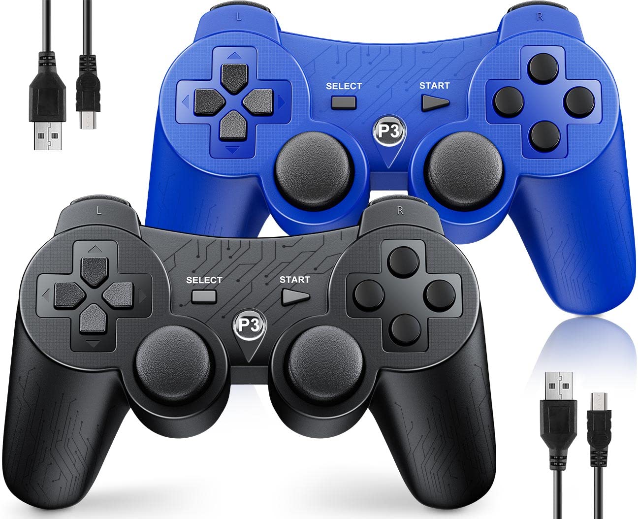 OKHAHA Controller 2 Pack for PS3 Wireless Controller for Sony Playstation 3  Double Shock 3  Bluetooth  Rechargeable  Motion Sensor  Remote for PS3 (With Stripes(Black + Blue))